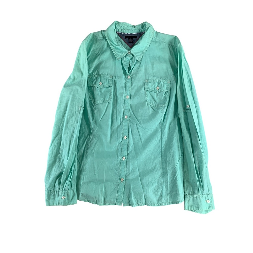Tommy Hilfiger Shirt Womens 2XL Aqua Blue Long Sleeve Button Up Pocket Cotton - Picture 1 of 7